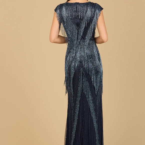 LARA 29167 - BEADED FRINGE V-NECKLINE DRESS WITH CAP SLEEVES - Picture 3 of 3